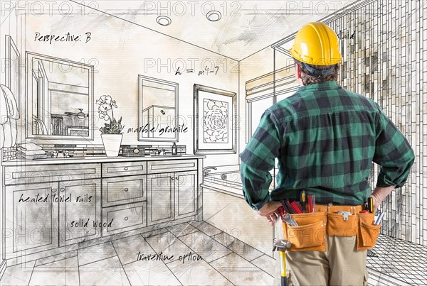 Contractor With Hard Hat and Tool Belt Facing Custom Master Bathroom Design Drawing Details