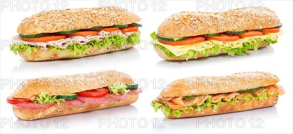Collection Baguette Rolls Topped with Ham Salami Cheese Salmon Fish Sandwich Fresh cut out cut out Isolated