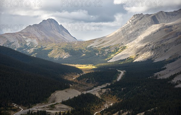 View of mountains Mount Wilcox and Nigel Peak and Wilcox Pass in autumn
