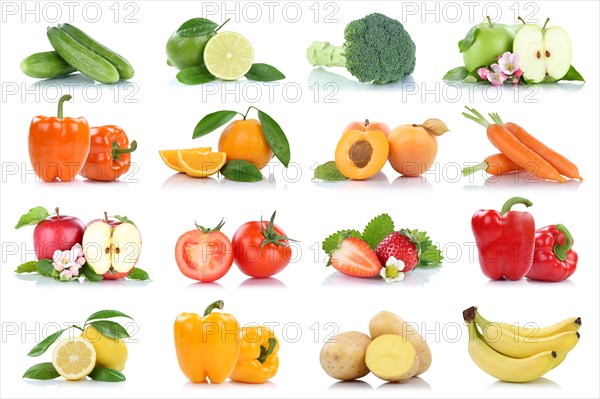 Fruits fruits and vegetables apple tomatoes orange lemon carrots colors collection clipping isolated against a white background