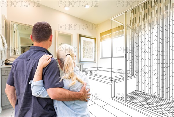 Couple facing bathroom drawing gradating to photo