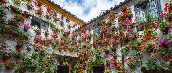 Many red geraniums in flower pots on the house wall