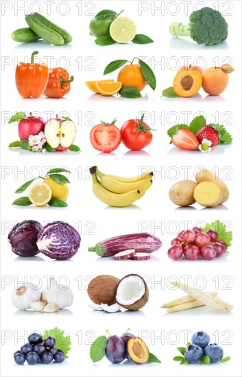 Fruits fruits and vegetables apple tomatoes orange lemon grapes berries colors collection cropped isolated against a white background