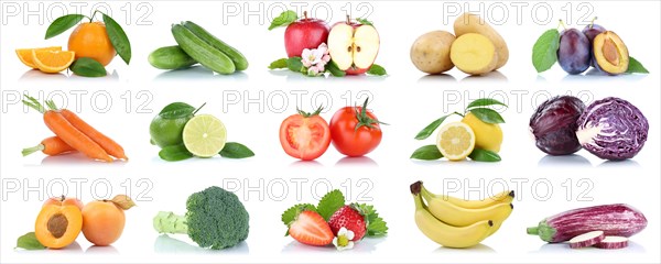 Fruit and vegetables fruits many apple tomatoes oranges lemons colors cropped isolated against a white background