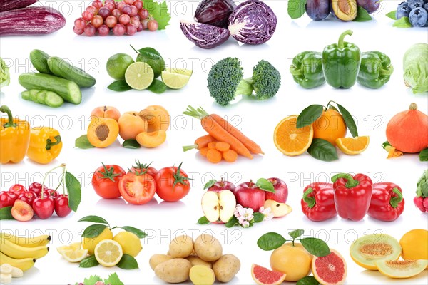 Fruit and vegetables fruits background apple tomatoes lemons oranges berries salad collage cropped against a white background