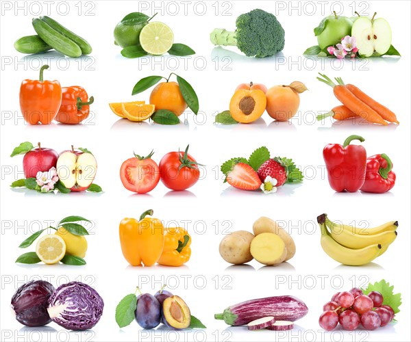 Fruits fruits and vegetables apple tomatoes orange lemon grapes colors collection clipping isolated against a white background