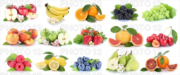 Fruit fruit collage fresh apple orange cherries oranges strawberry apples grapes cropped on a white background