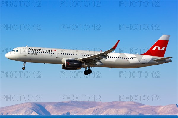 An Airbus A321 aircraft of Nordwind Airlines with registration number VQ-BRT lands at Heraklion airport