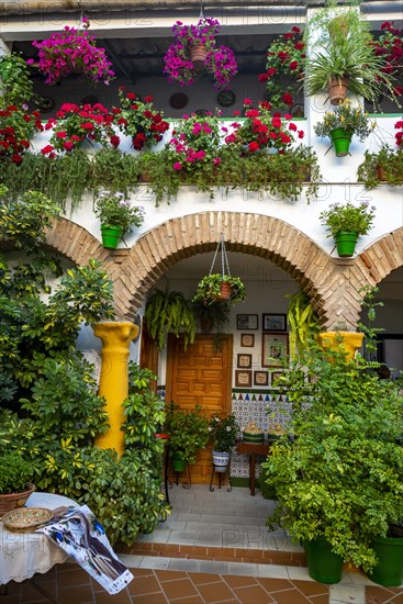 Entrance door in the courtyard decorated with flowers