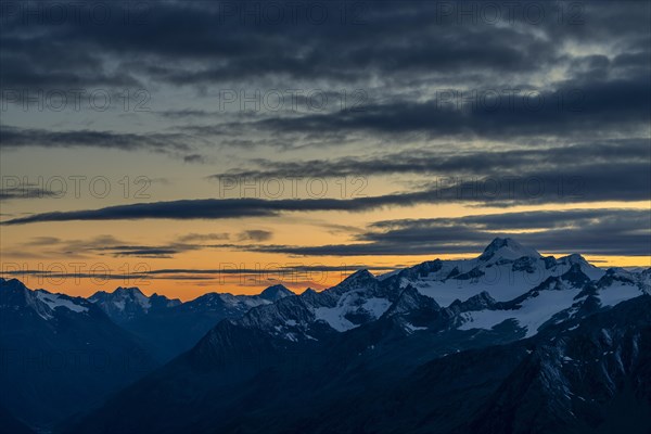 Sunset over summit of Oetztaler Wildspitze