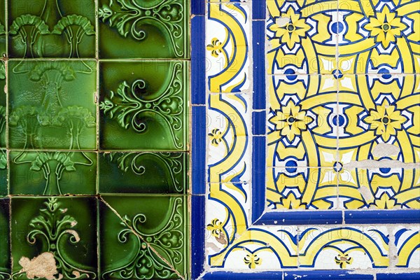Close up of two types of typical Portuguese tiles called azulejo