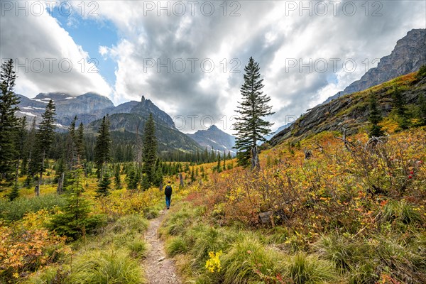 Hikers on a trail through mountain landscape