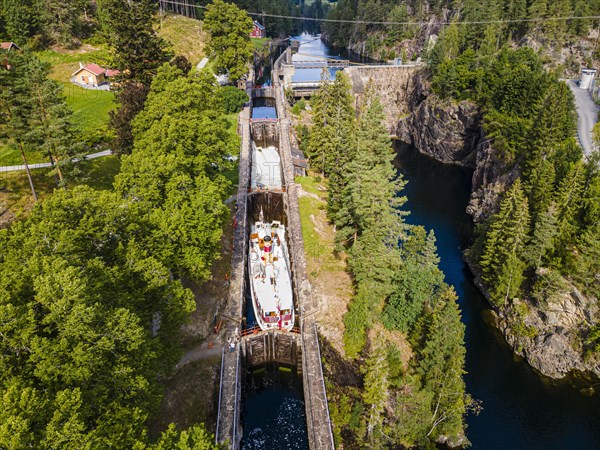 Aerial of a tourist boat in the Vrangfoss lock