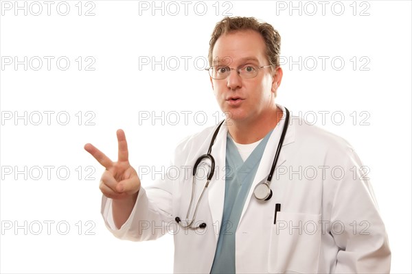 Male doctor with two fingers up isolated on a white background