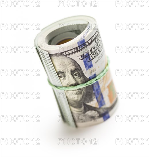 Abstract roll of newly designed U.S. one hundred dollar bills isolated on a white background