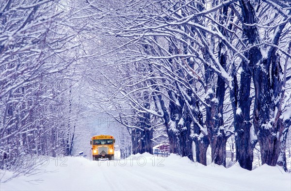 School bus on a cold winter day in Jericho Vermont USA