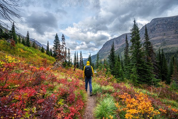 Hikers on a trail through mountain landscape