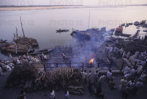 Manikarnika Ghat in Varnasi in India. Varnasi the Quintessential Hindu city