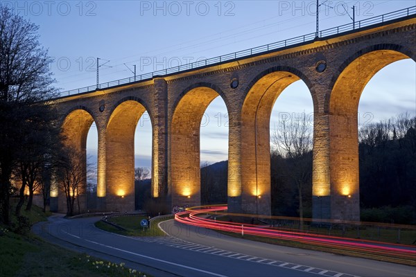 Illuminated viaduct in the evening