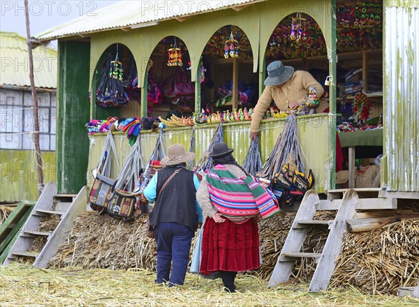 Souvenir shop with handicrafts on a floating island of the Uro