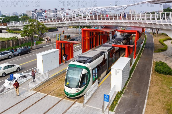 CAF Urbos Tram Light Rail public transport at Cianjhen European Starling stop in Kaohsiung