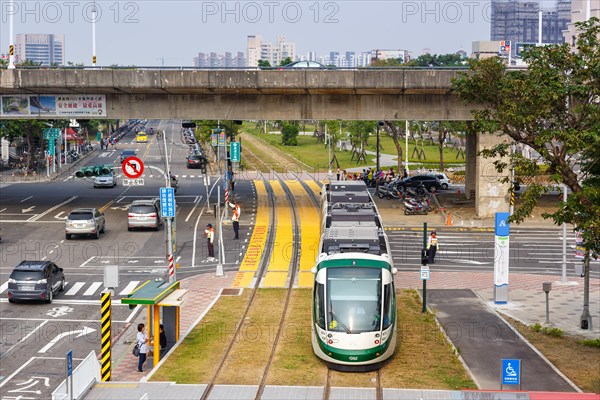 CAF Urbos Tram Light Rail public transport at Cianjhen European Starling stop in Kaohsiung
