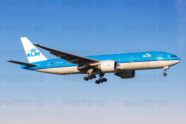 A KLM Royal Dutch Airlines Boeing 777-200ER aircraft with registration number PH-BQP lands at Amsterdam Schiphol Airport