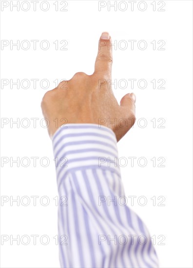 Hand of woman in dress shirt pointing or pushing button isolated on a white background