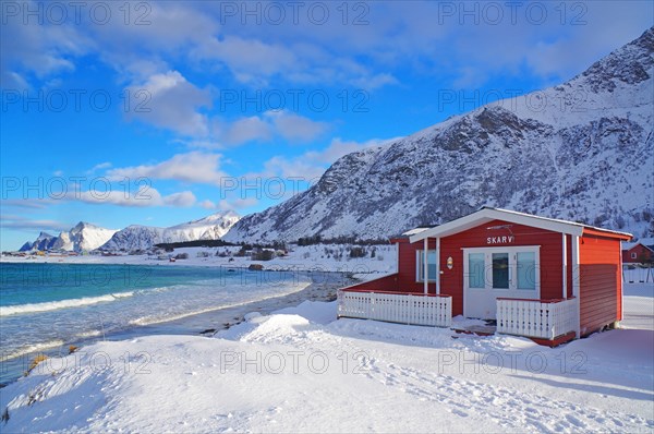 Red cottage in winter