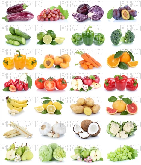 Fruits and vegetables fruits apple tomatoes bananas oranges lemon grapes colors collage cropped isolated against a white background in Germany