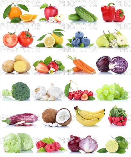 Fruit and Vegetable Fruits Apple Orange Lemon Berries Onion isolated against a white background in Germany
