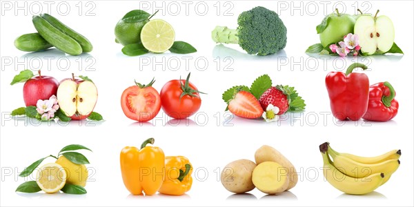 Fruits fruits and vegetables apple tomatoes orange lemon bananas colors collection cropped isolated against a white background in Germany