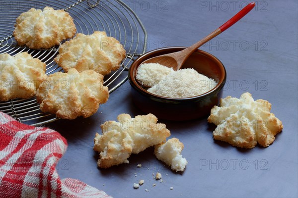 Coconut macaroons and coconut flakes in bowls