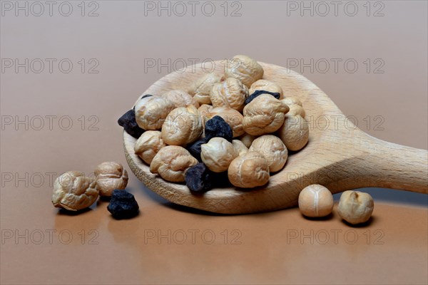 Light and black chickpeas in cooking spoon