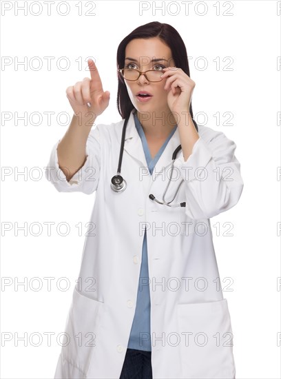 Female doctor or nurse pushing button or pointing with room for your own button or text isolated on white