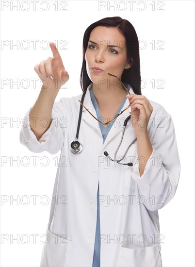 Female doctor or nurse pushing button or pointing with room for your own button or text isolated on white