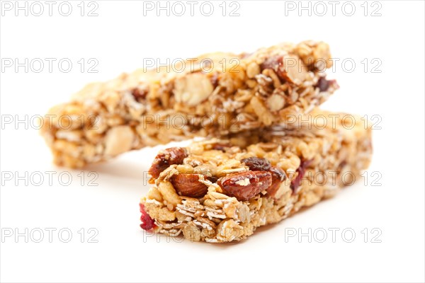 Two nutritious granola bars isolated on white