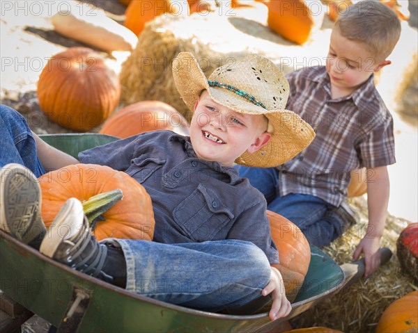 Two little boys playing in wheelbarrow at the pumpkin patch in a rustic country setting