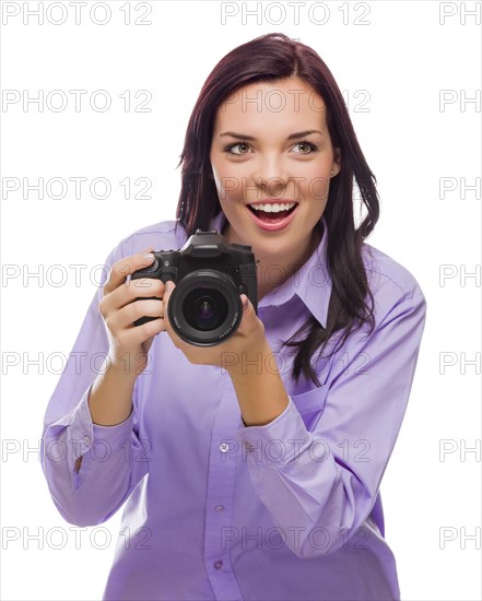 Attractive mixed-race young woman with DSLR camera isolated on a white background