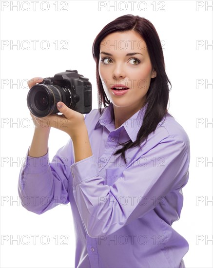 Attractive mixed-race young woman with DSLR camera isolated on a white background