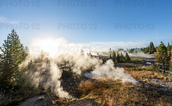 View of steaming hot springs in the morning sun