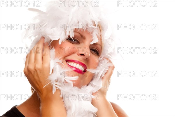 Pretty girl with white boa isolated on a white background