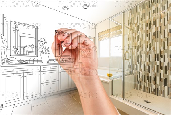 Hand drawing custom master bathroom with photo gradation