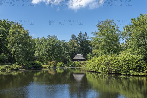 Lake with pavilion in landscape garden and castle park
