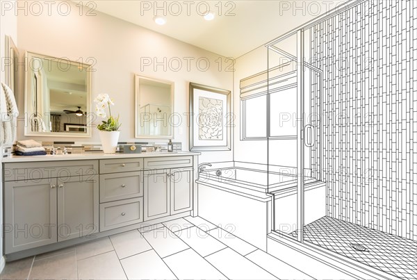 Custom master bathroom design drawing gradating to finished photo