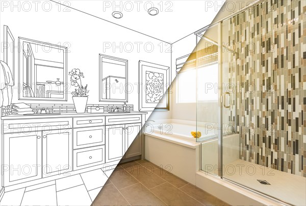 Custom master bathroom design drawing with cross section of finished photo