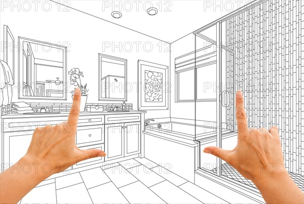 Hands framing custom master bathroom drawing