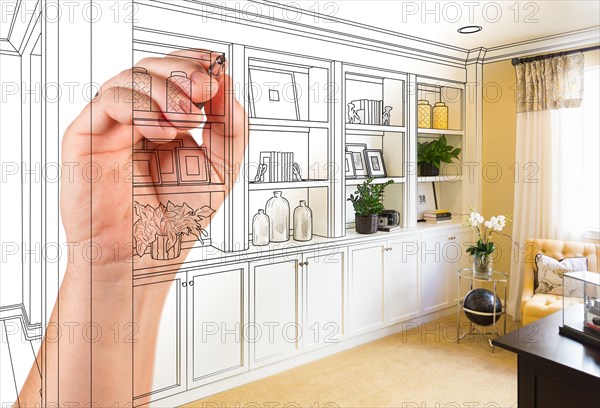 Hand drawing home built-in shelves and cabinets with photo cross section showing