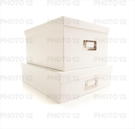 Two stacked white file boxes with lids isolated on a white background