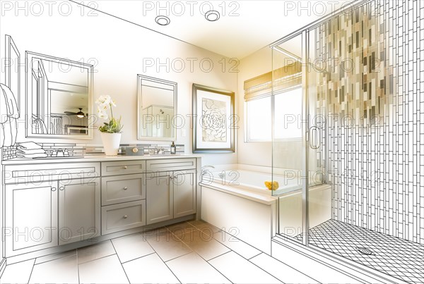 Custom master bathroom design drawing with brush stroke revealing finished photo